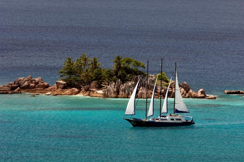 Sailboat near tropical island