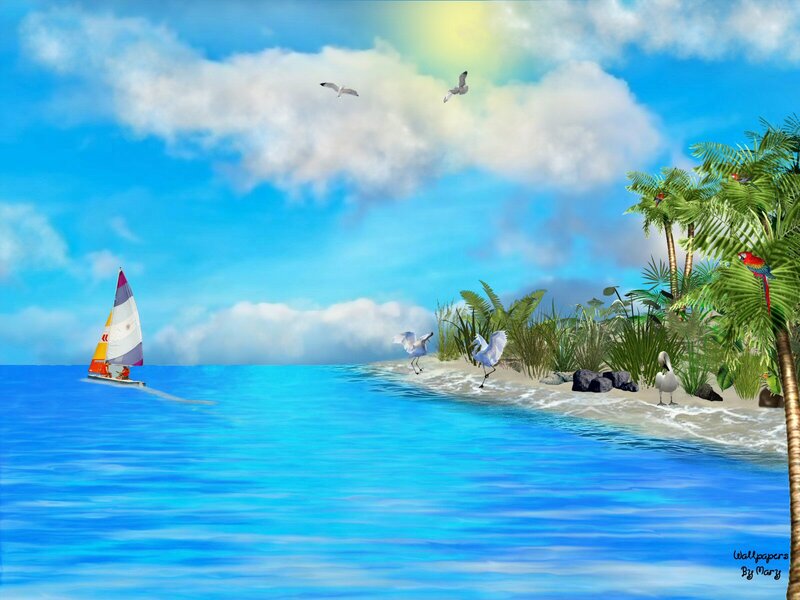 Sailboat Near Tropical Island — Blue, Serene, Afternoon, Digital Art
