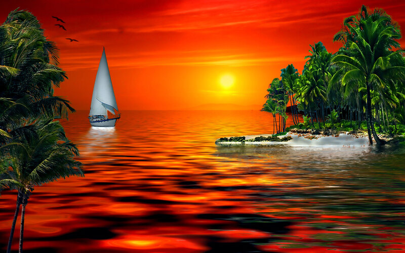 Sailboat Near Tropical Island — Red