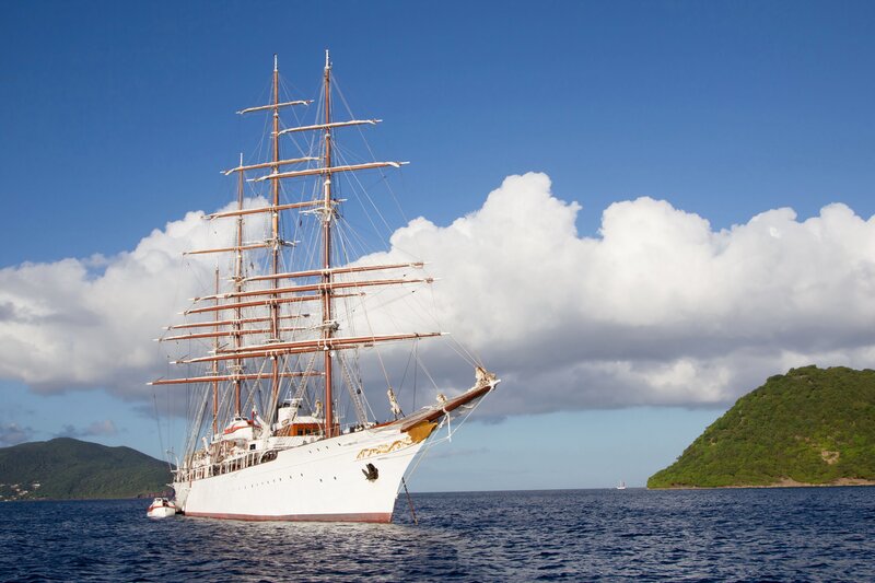 Sailboat near tropical islands