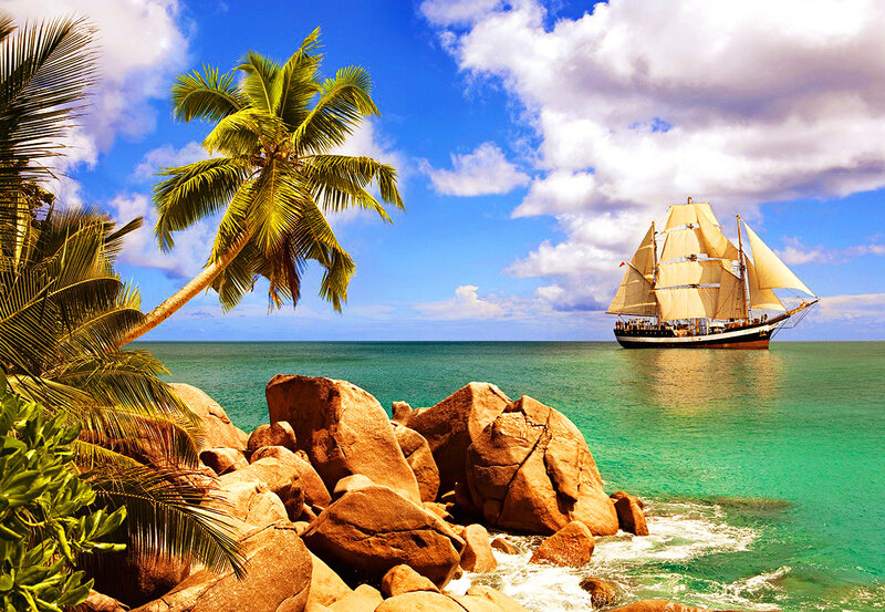 Sailboat Near Tropical Shore — Blue, Serene