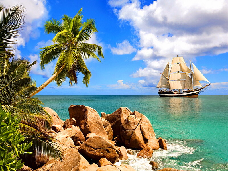 Sailboat Near Tropical Shore — Blue