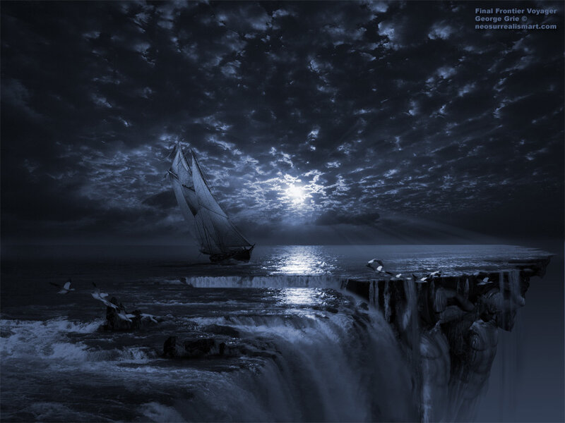 Sailboat Near Waterfall — Blue, Dramatic, Night, Digital Art, Moon, Clouds