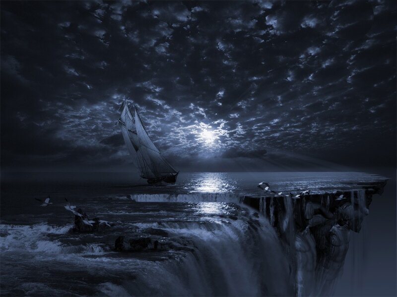 Sailboat Near Waterfall — Blue, Dramatic, Night, Digital Art