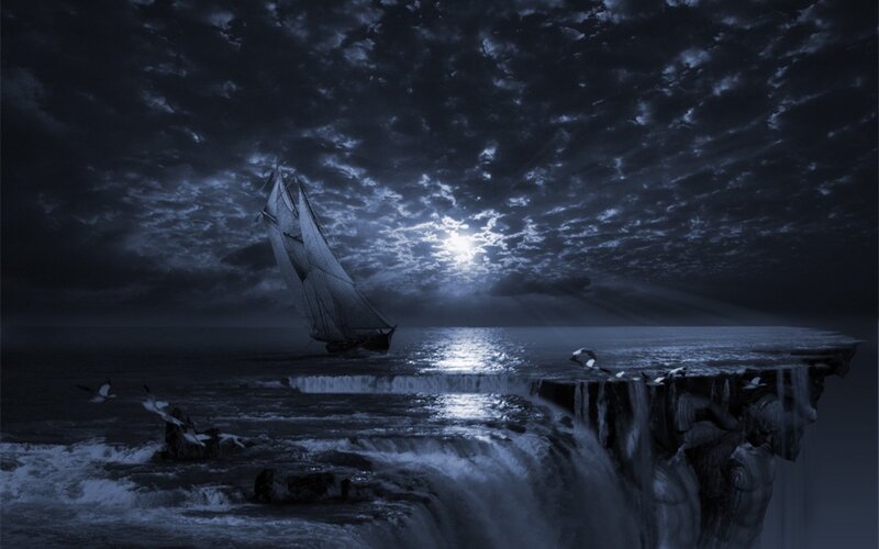 Sailboat Near Waterfall — Blue, Dramatic, Night