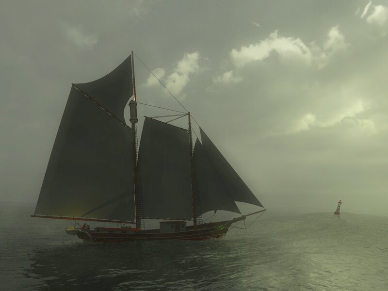 sailboat on a foggy sea