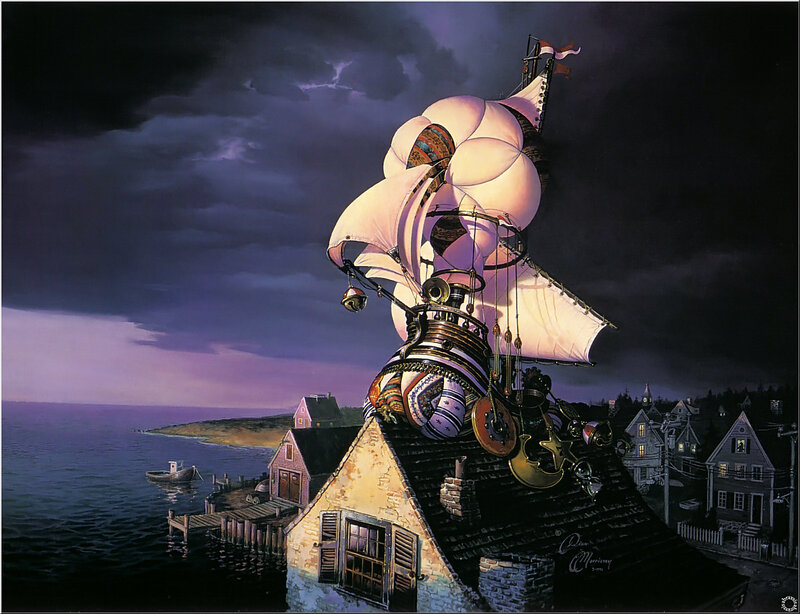 Sailboat on a house roof