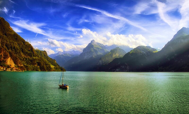 Sailboat on a Lake — Blue, Serene, Afternoon, Photograph, Mountains, Clouds