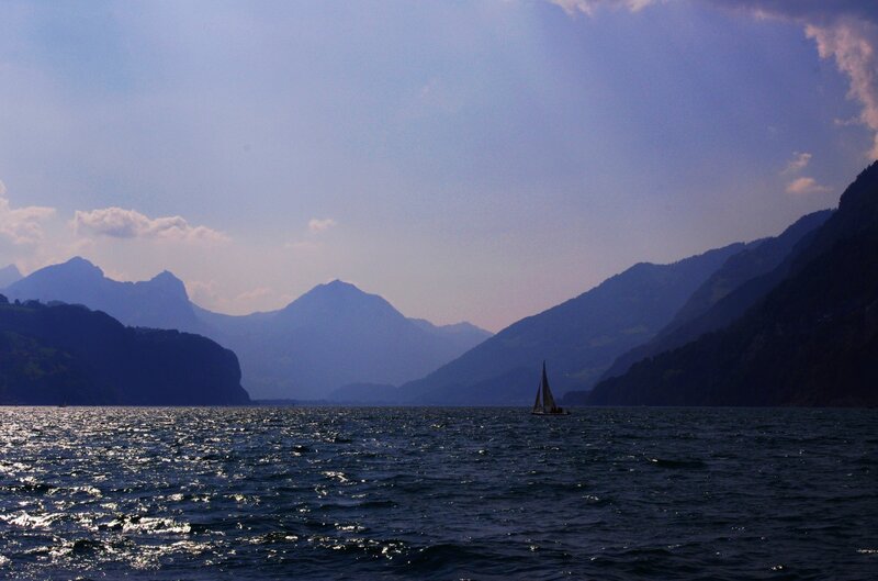 Sailboat on a Lake — Blue, Serene, Afternoon, Photograph, Mountains