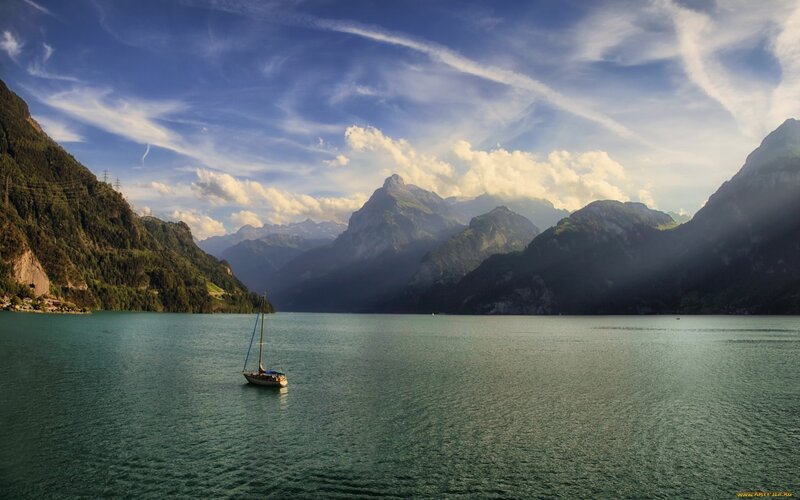 Sailboat on a Lake — Blue, Serene, Afternoon, Photograph