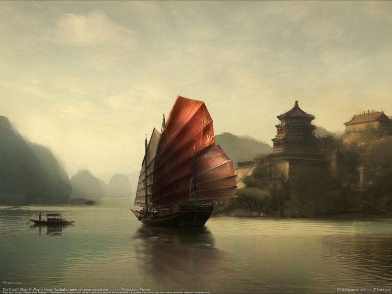 Sailboat on a misty river