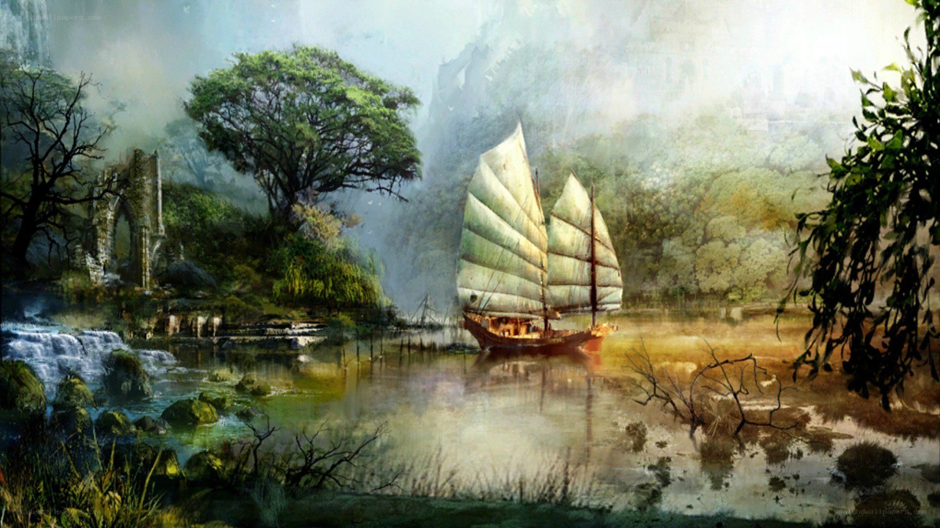 sailboat on a misty river
