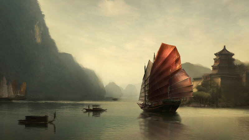 Sailboat on a misty river