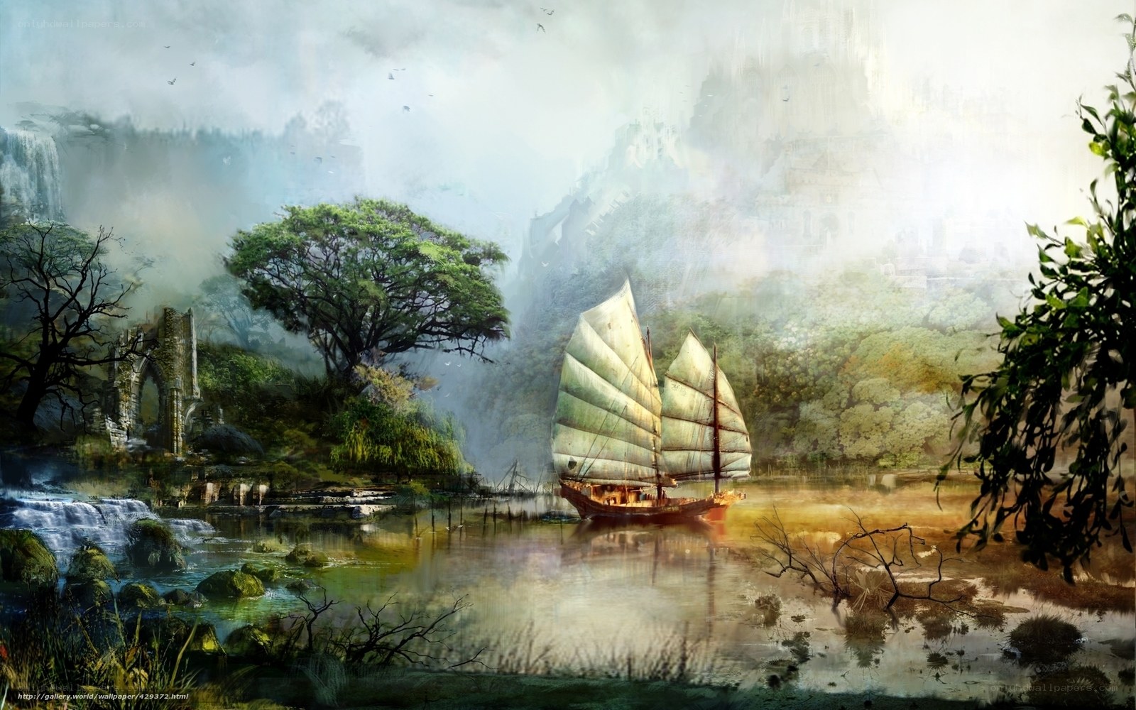Sailboat on a misty river