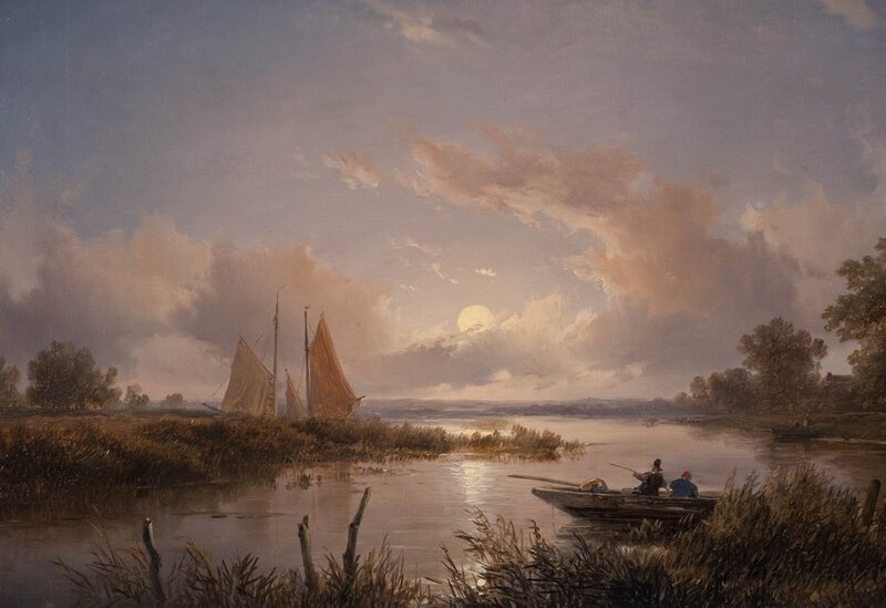 Sailboat on a River — Blue, Serene, Night