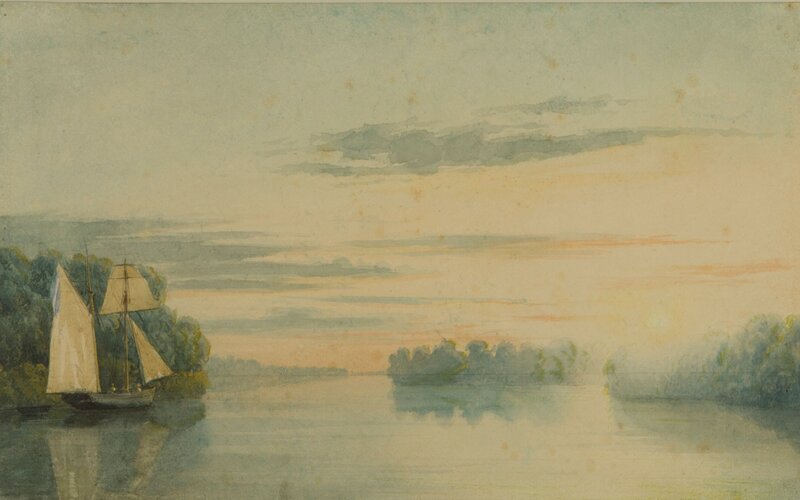 Sailboat on a River — Blue, Serene, Sunset