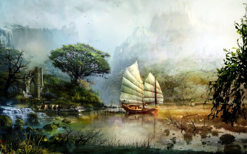 Sailboat on a River — Green, Serene