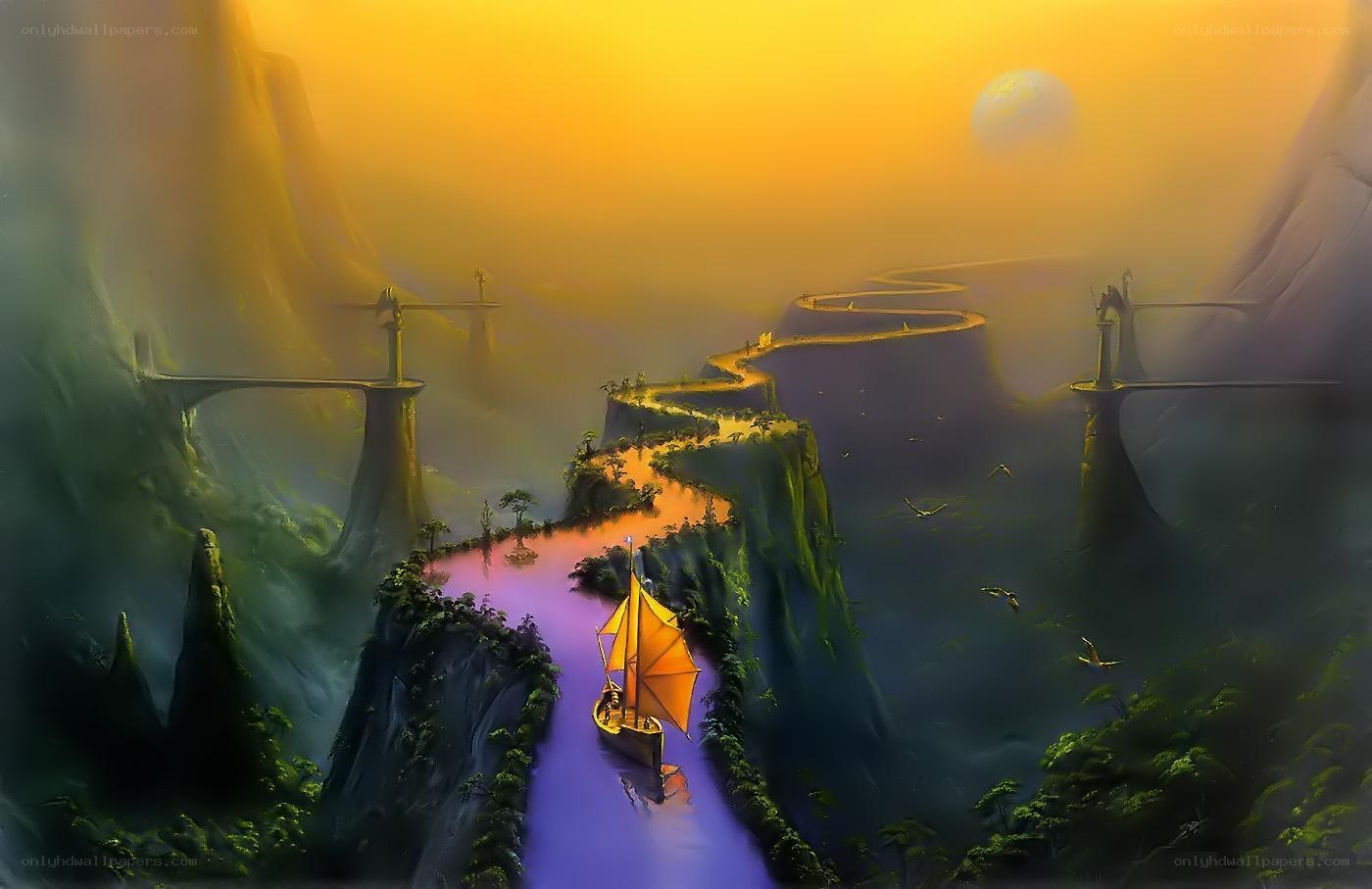 sailboat on a winding river