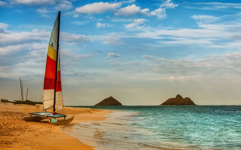Sailboat on Beach — Blue, Serene, Afternoon, Photograph, Ocean, Islands