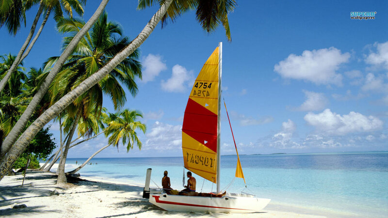 Sailboat on Beach — Blue, Serene, Afternoon, Photograph, Palm Trees, Ocean