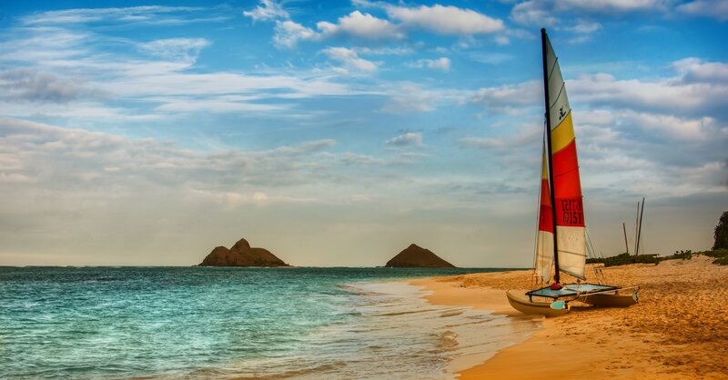 Sailboat on Beach — Blue, Serene, Afternoon