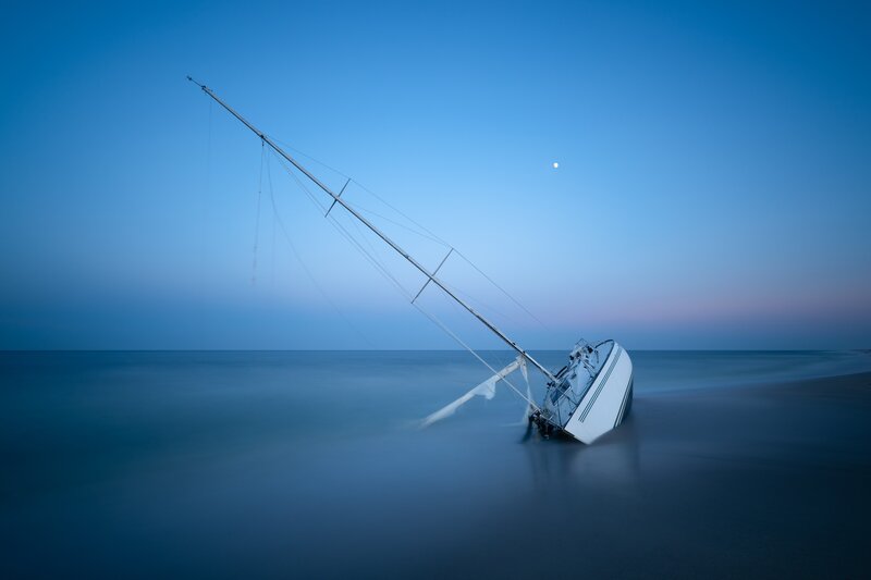 Sailboat on Beach — Blue, Serene, Night