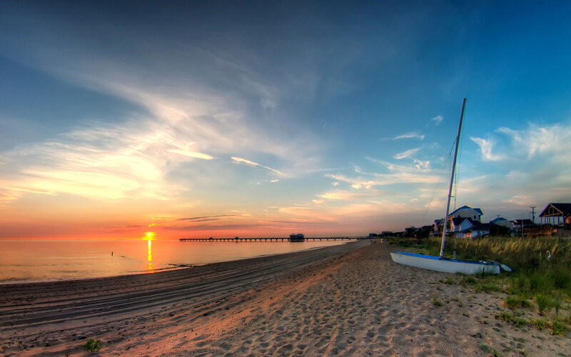 Sailboat on Beach — Blue, Serene, Sunset, Photograph