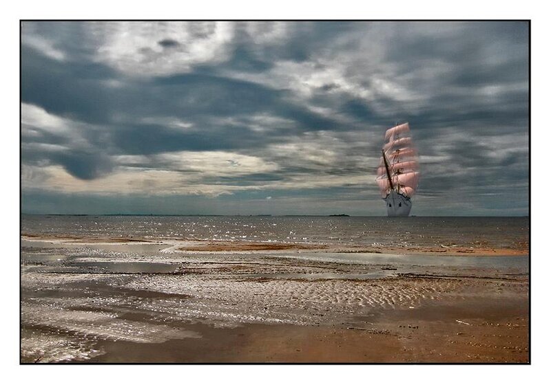 Sailboat on Beach — Gray, Dramatic