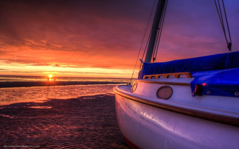 Sailboat on Beach — Orange, Dramatic, Sunset, Photograph, Ocean, Sand