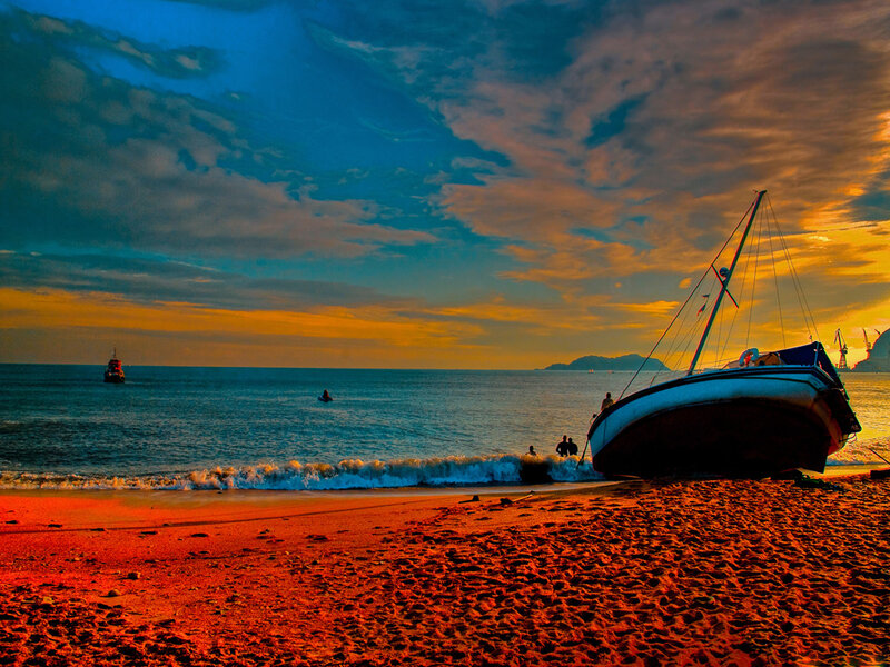 Sailboat on Beach — Orange, Dramatic, Sunset, Photograph, Ocean, Sky
