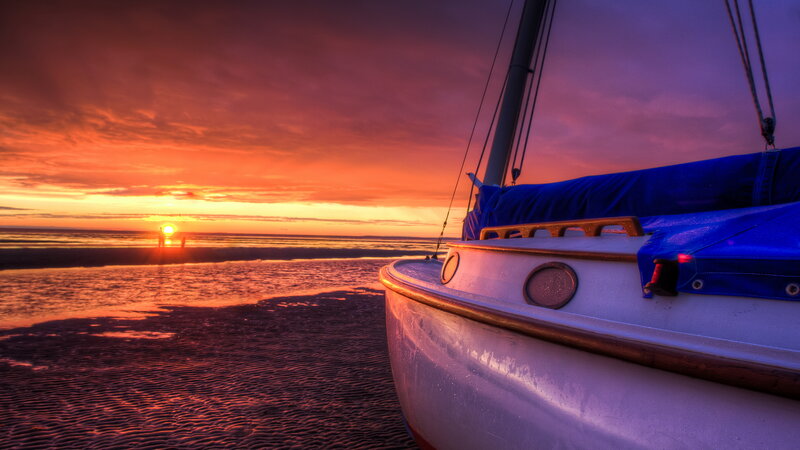 Sailboat on Beach — Orange, Dramatic, Sunset, Photograph, Ocean