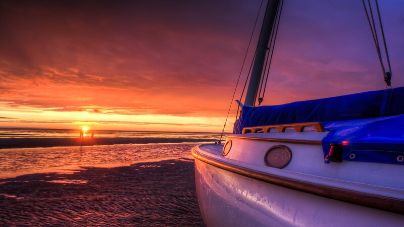 Sailboat on Beach — Orange, Dramatic, Sunset, Photograph