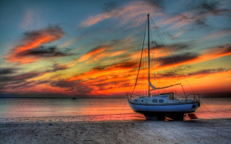 Sailboat on Beach — Orange, Dramatic, Sunset
