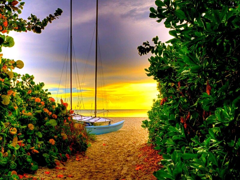 Sailboat on Beach — Yellow, Serene, Sunset