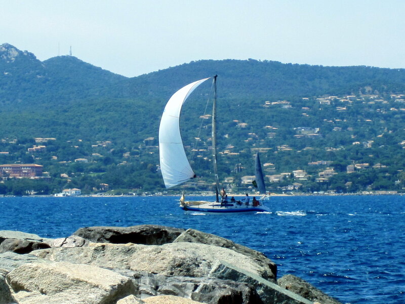 Sailboat on Blue Water — Serene, Afternoon, Photograph, Mountains