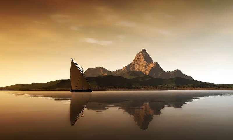 sailboat on calm lake at sunset