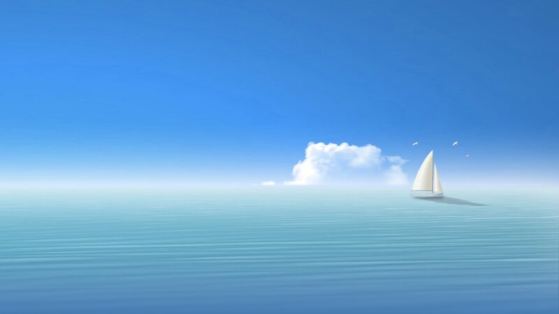 Sailboat on Calm Sea — Blue, Serene, Afternoon, Digital Art, Cloud, Birds