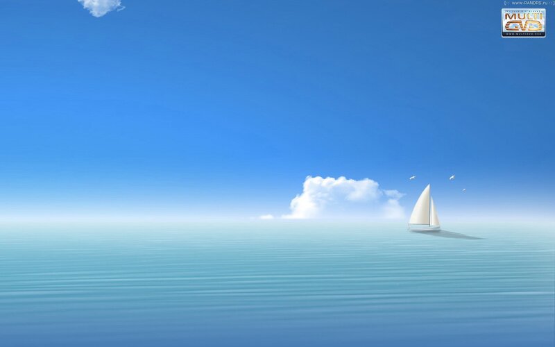 Sailboat on Calm Sea — Blue, Serene, Afternoon, Digital Art, Cloud, Seagulls