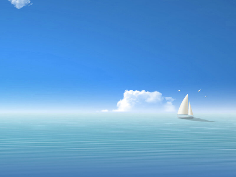 Sailboat on Calm Sea — Blue, Serene, Afternoon, Digital Art, Cloud, Seagulls, White