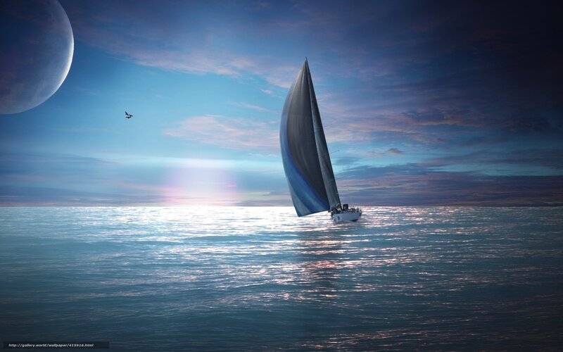 Sailboat on Calm Sea — Blue, Serene, Night, Digital Art, Moon, Bird