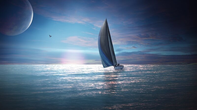 Sailboat on Calm Sea — Blue, Serene, Night, Digital Art, Moon