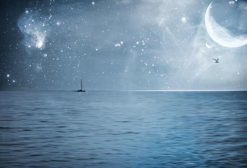 Sailboat on Calm Sea — Blue, Serene, Night, Digital Art, Stars
