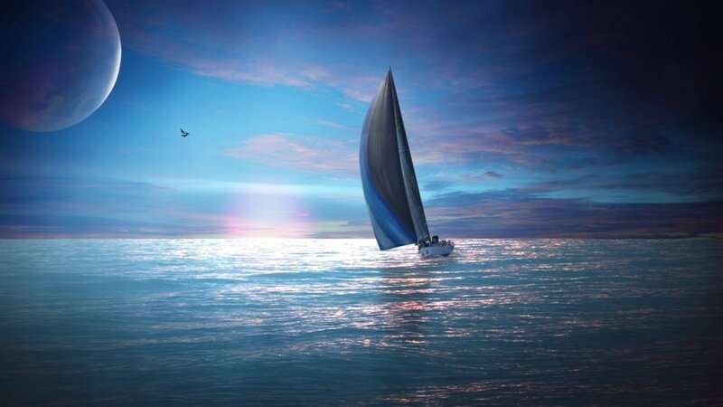 Sailboat on Calm Sea — Blue, Serene, Night