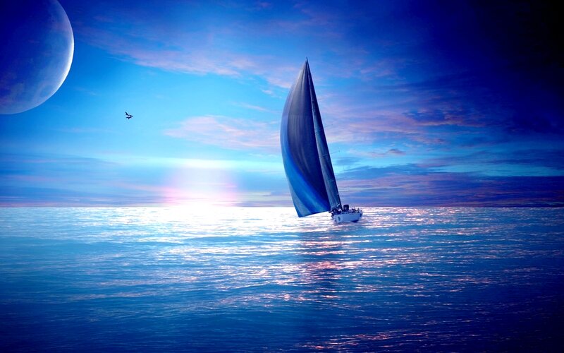 Sailboat on Calm Sea — Blue, Serene, Sunrise, Digital Art