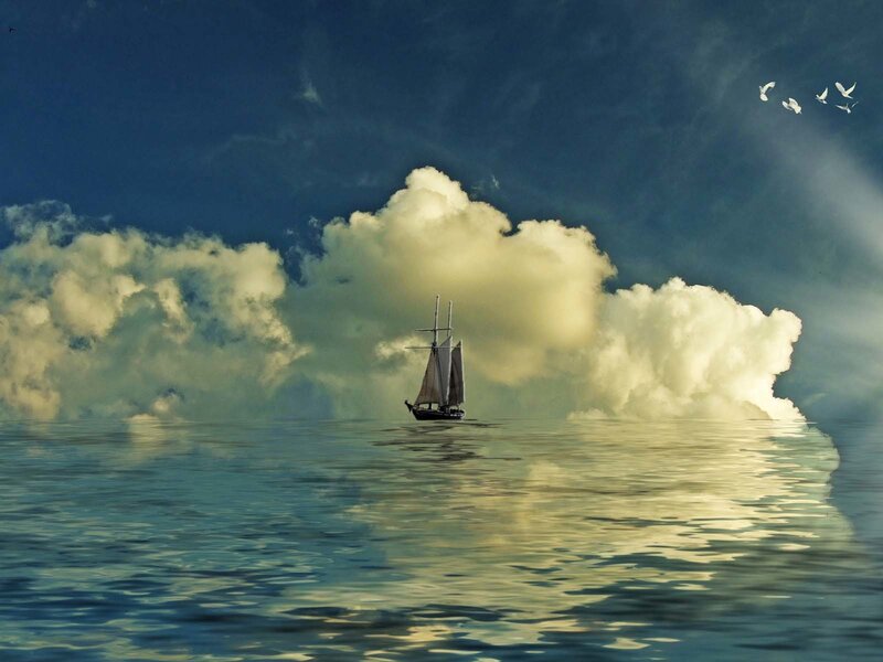 Sailboat on Calm Sea — Blue, Serene, Sunset, Digital Art, Clouds