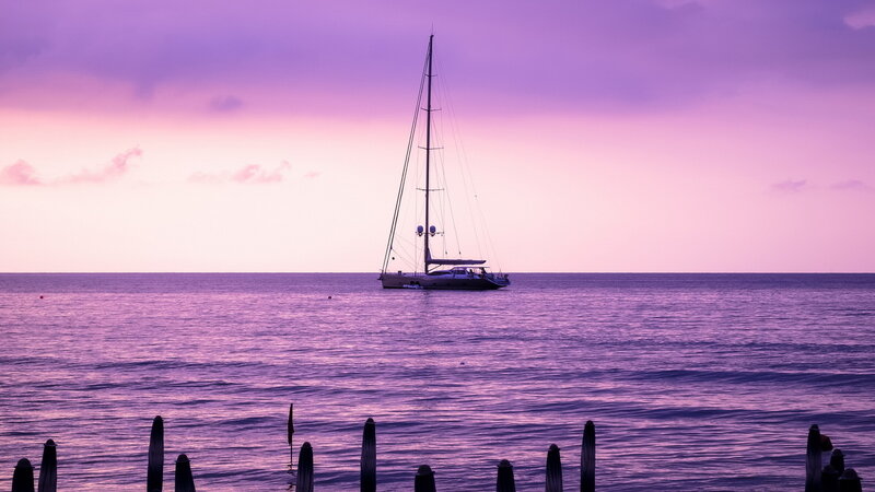Sailboat on Calm Sea — Purple, Serene