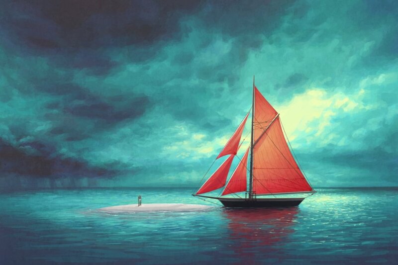 Sailboat on Calm Sea — Teal