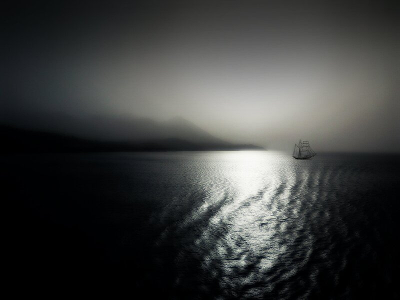 Sailboat on Calm Water — Black