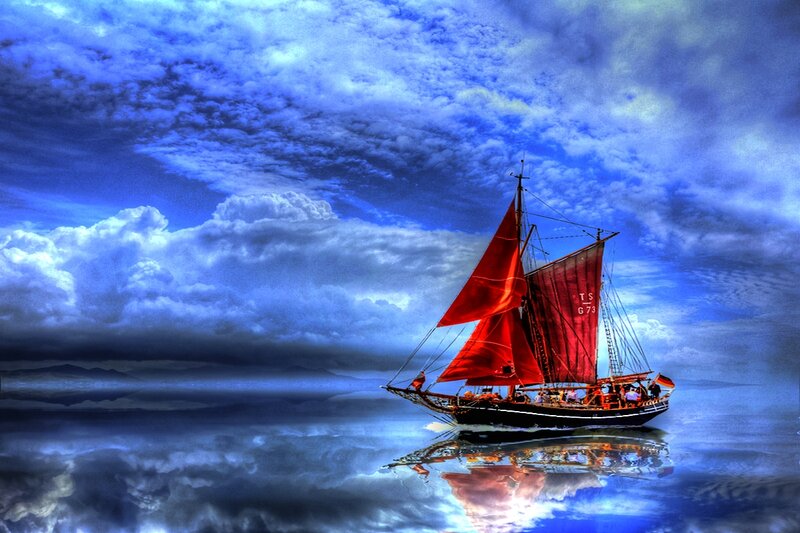 Sailboat on Calm Water — Blue, Dramatic, Digital Art