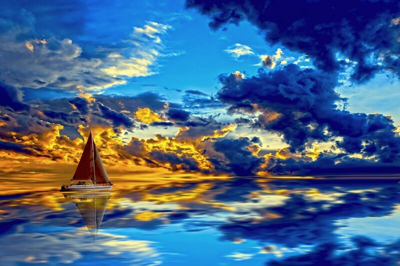 Sailboat on Calm Water — Blue, Dramatic, Sunset, Digital Art